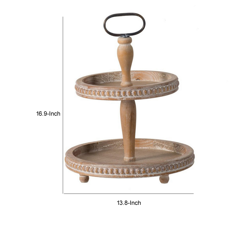 Mike 17 Inch 2 Tier Round Serving Tray Handle Beaded Trim Brown Wood By Casagear Home BM312622