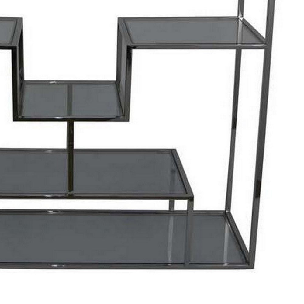 Adena 76 Inch Tall Plant Stand, Geometric Style Metal Shelves, Silver Tone By Casagear Home