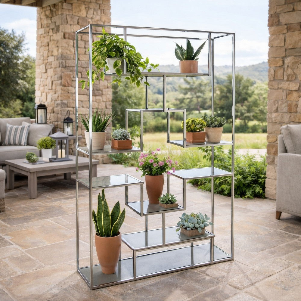 Adena 76 Inch Tall Plant Stand, Geometric Style Metal Shelves, Silver Tone By Casagear Home