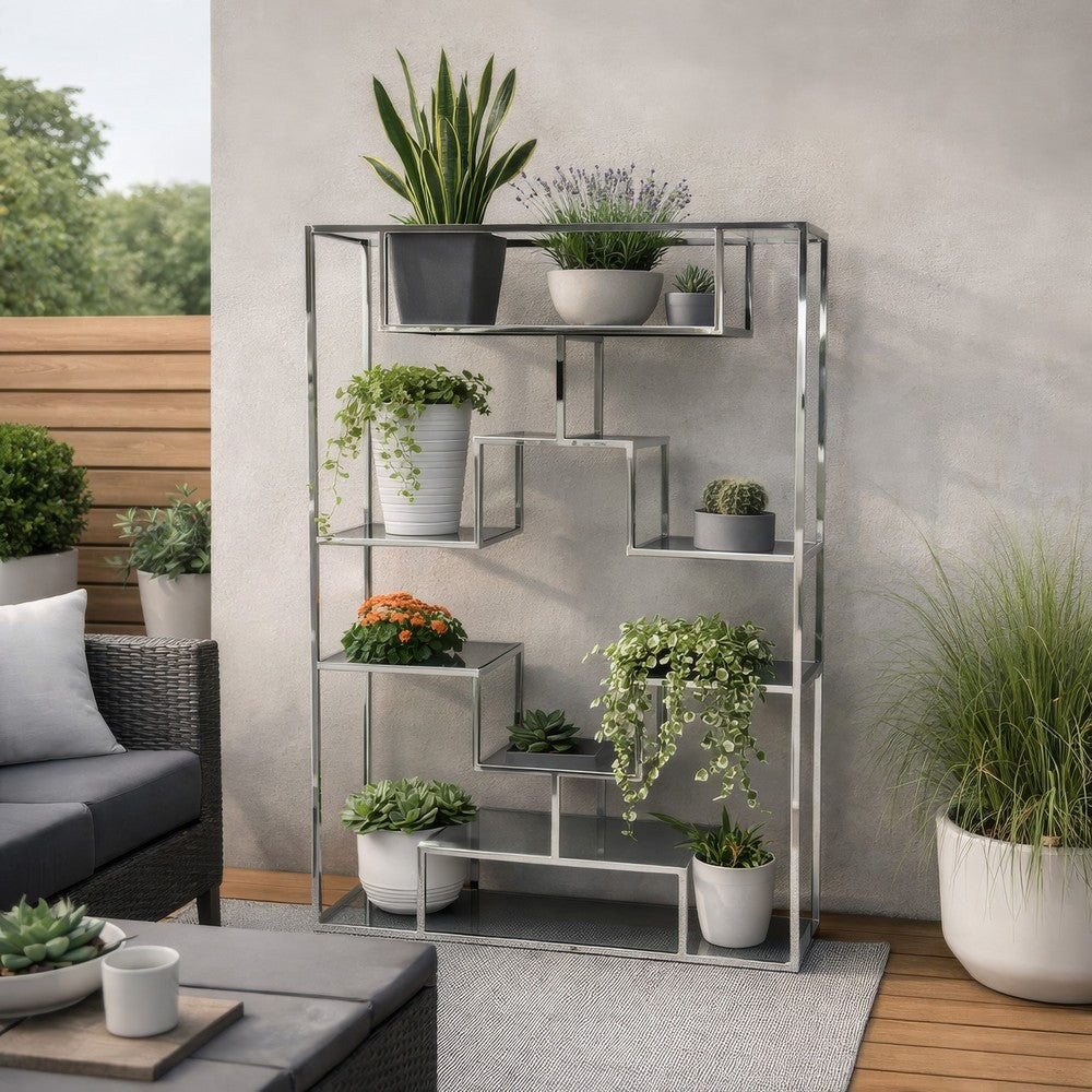 Adena 76 Inch Tall Plant Stand, Geometric Style Metal Shelves, Silver Tone By Casagear Home