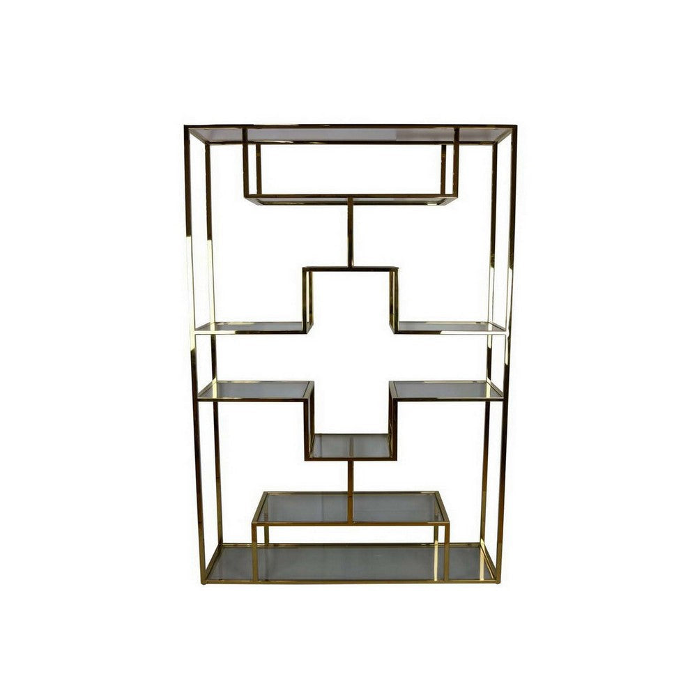 Adena 75 Inch Tall Plant Stand, Geometric Metal Shelves, Gold Finish By Casagear Home