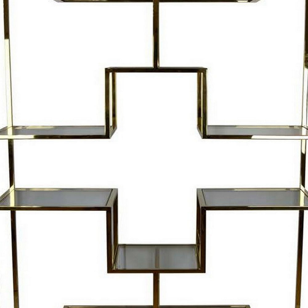 Adena 75 Inch Tall Plant Stand, Geometric Metal Shelves, Gold Finish By Casagear Home