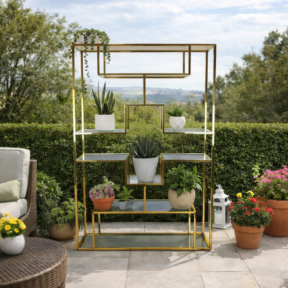 Adena 75 Inch Tall Plant Stand, Geometric Metal Shelves, Gold Finish By Casagear Home