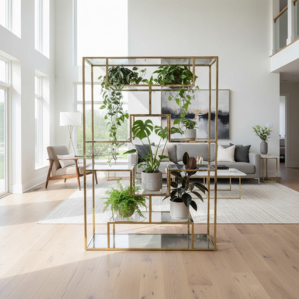 Adena 75 Inch Tall Plant Stand, Geometric Metal Shelves, Gold Finish By Casagear Home