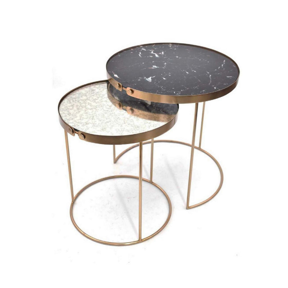 Rica Set of 2 Nesting Side End Tables, Silver Top, Black and Gold Metal By Casagear Home