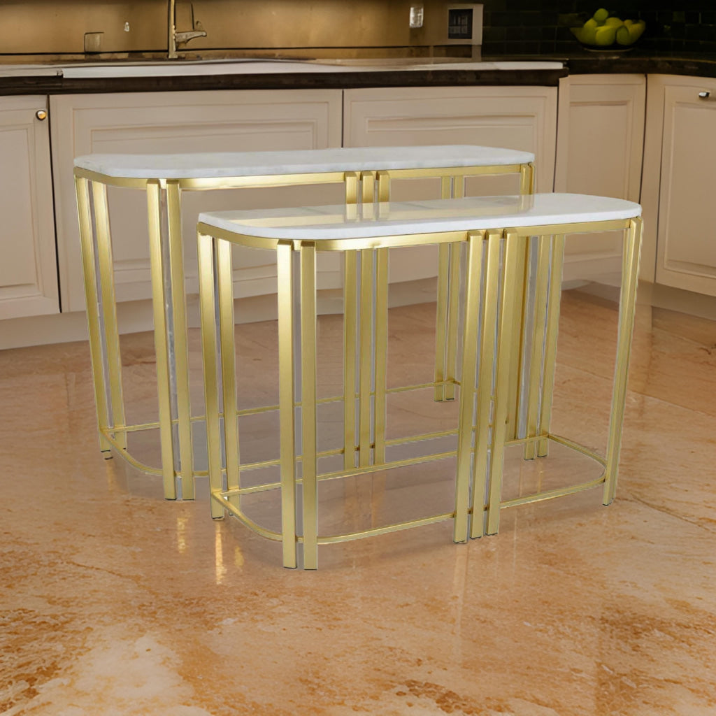 Set of 2 Accent Nesting Tables, Marble Top, Sleek Modern Gold Metal Frame By Casagear Home