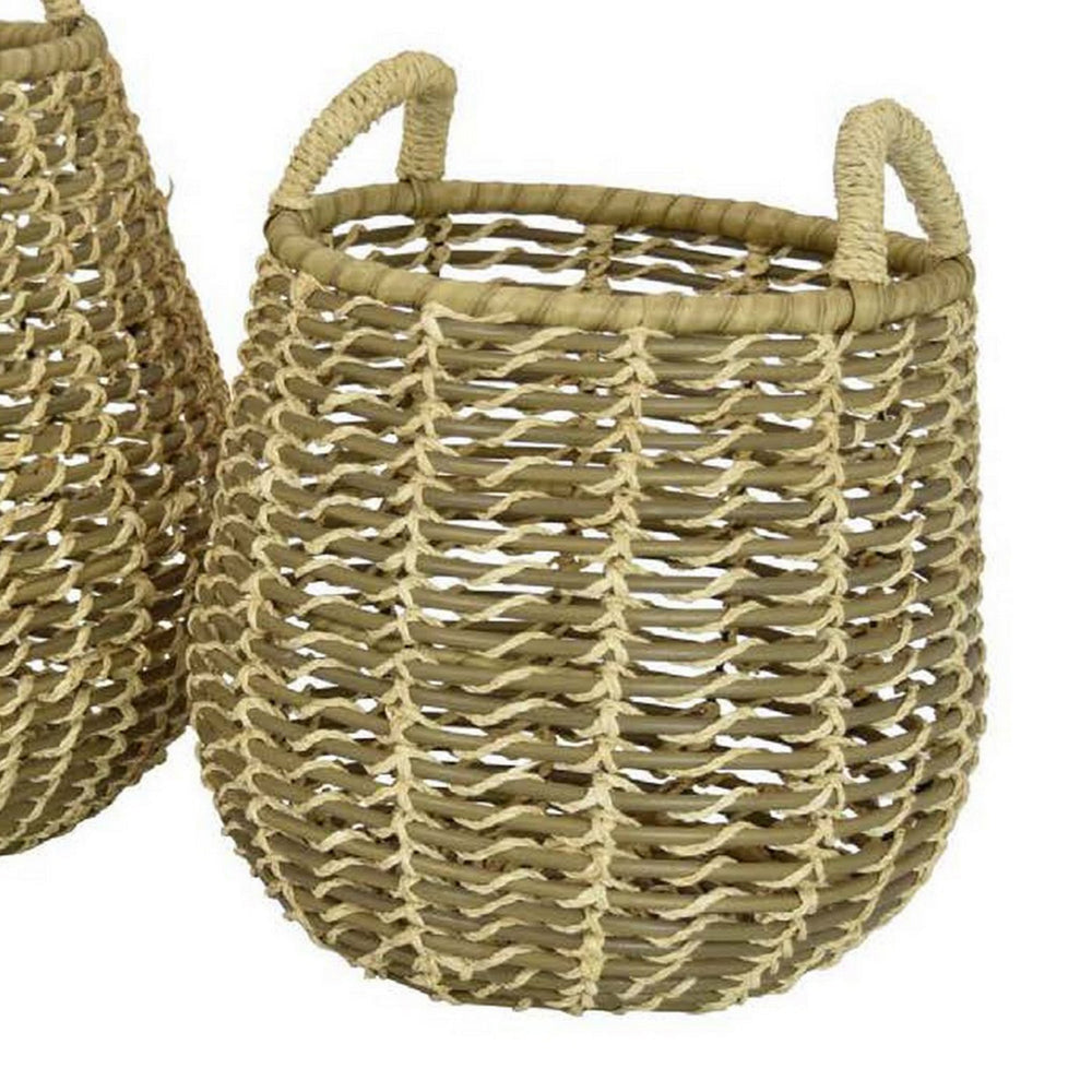 Set of 2 Decorative Storage Baskets Woven Construction 2 Handles Brown By Casagear Home BM312641