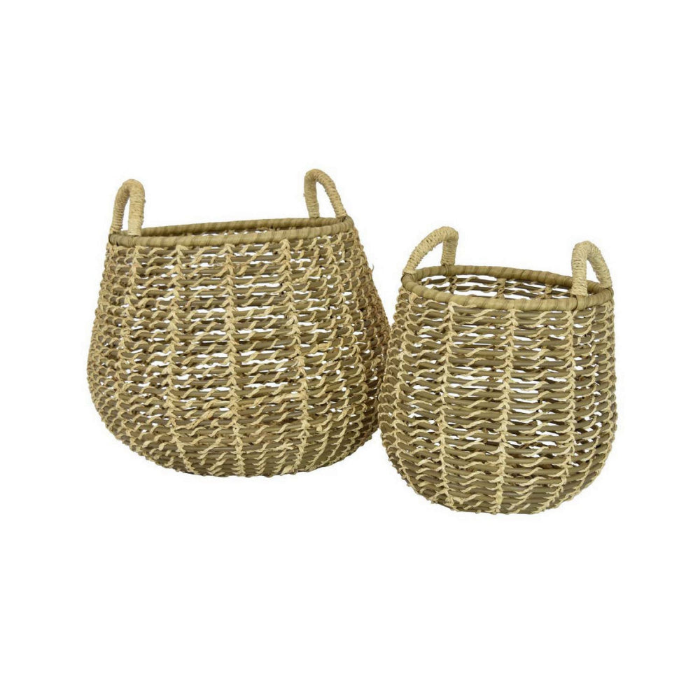 Set of 2 Decorative Storage Baskets, Woven Construction, 2 Handles, Brown By Casagear Home
