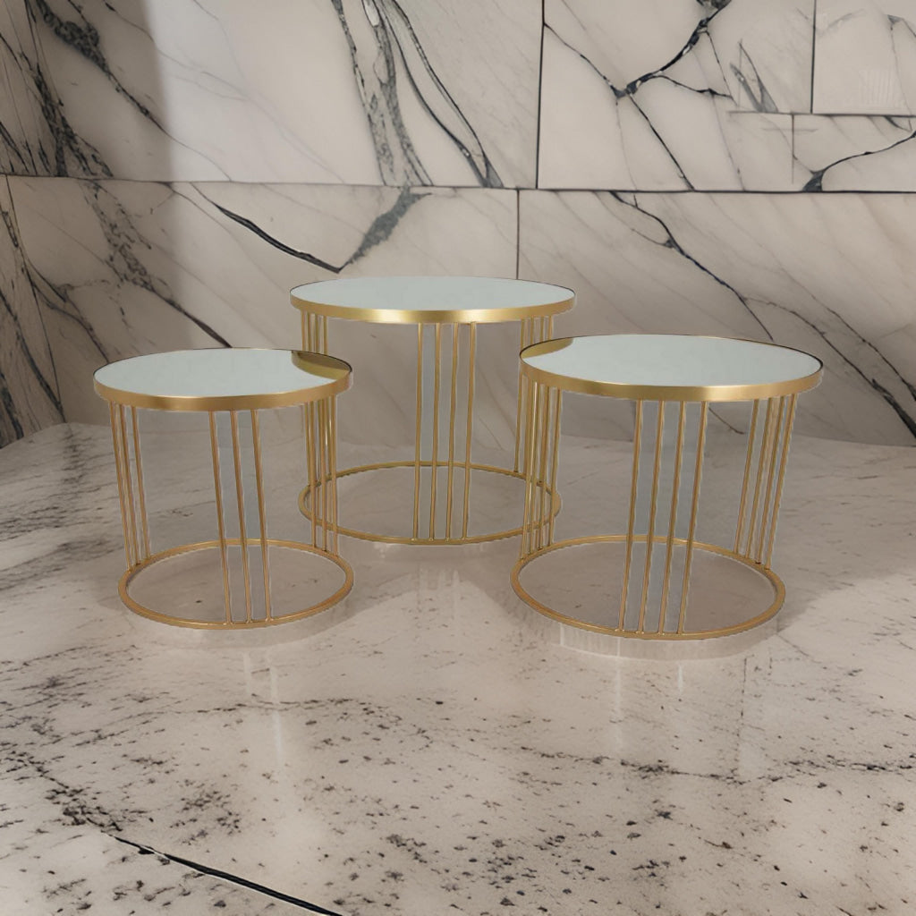 Set of 3 Accent Nesting Tables Round Mirrored Top Modern Gold Metal By Casagear Home BM312644