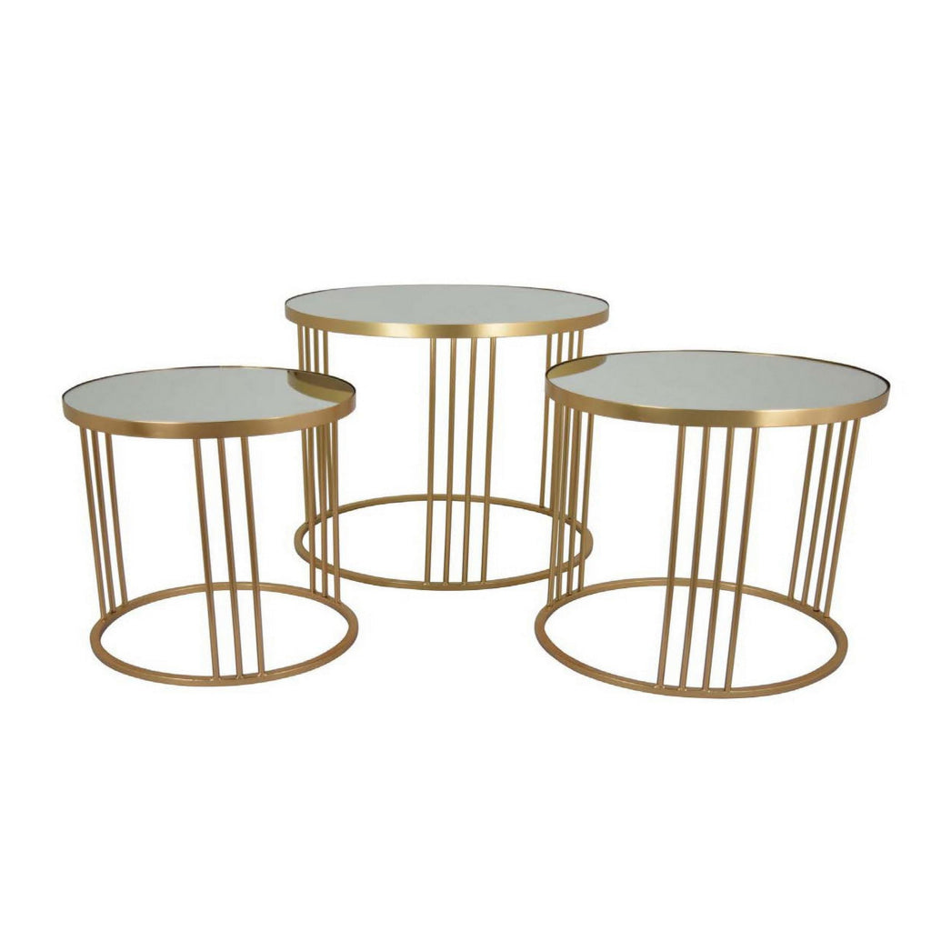 Set of 3 Accent Nesting Tables Round Mirrored Top Modern Gold Metal By Casagear Home BM312644