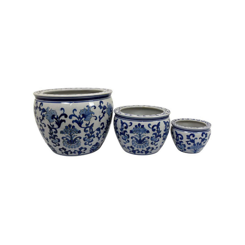 8 12 16 Inch Planter Set of 3 White and Blue Printed Design Ceramic By Casagear Home BM312647