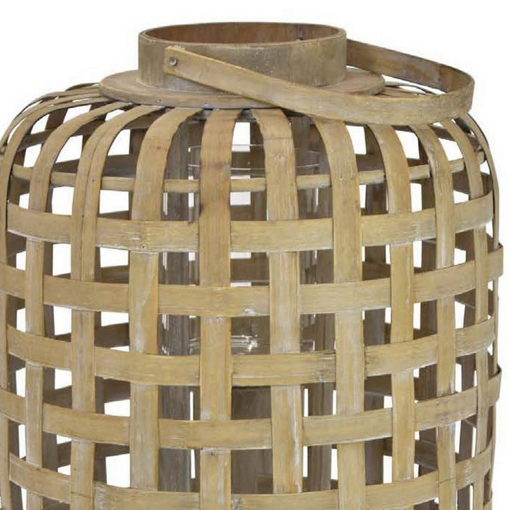 Yin 23 Inch Tabletop Decorative Lantern, Handle, Natural Fiber Mesh, Brown By Casagear Home