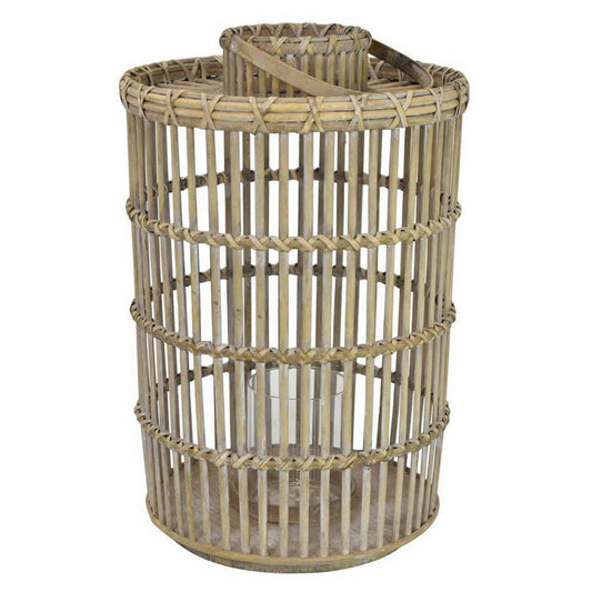Yin 23 Inch Tabletop Decorative Lantern, Handle, Cage Shape, Brown Natural By Casagear Home