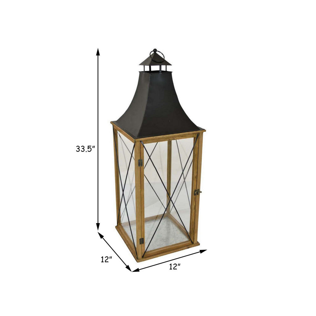 34 Inch Tabletop Decorative Lantern Wood Frame Glass Doors Brown Black By Casagear Home BM312689