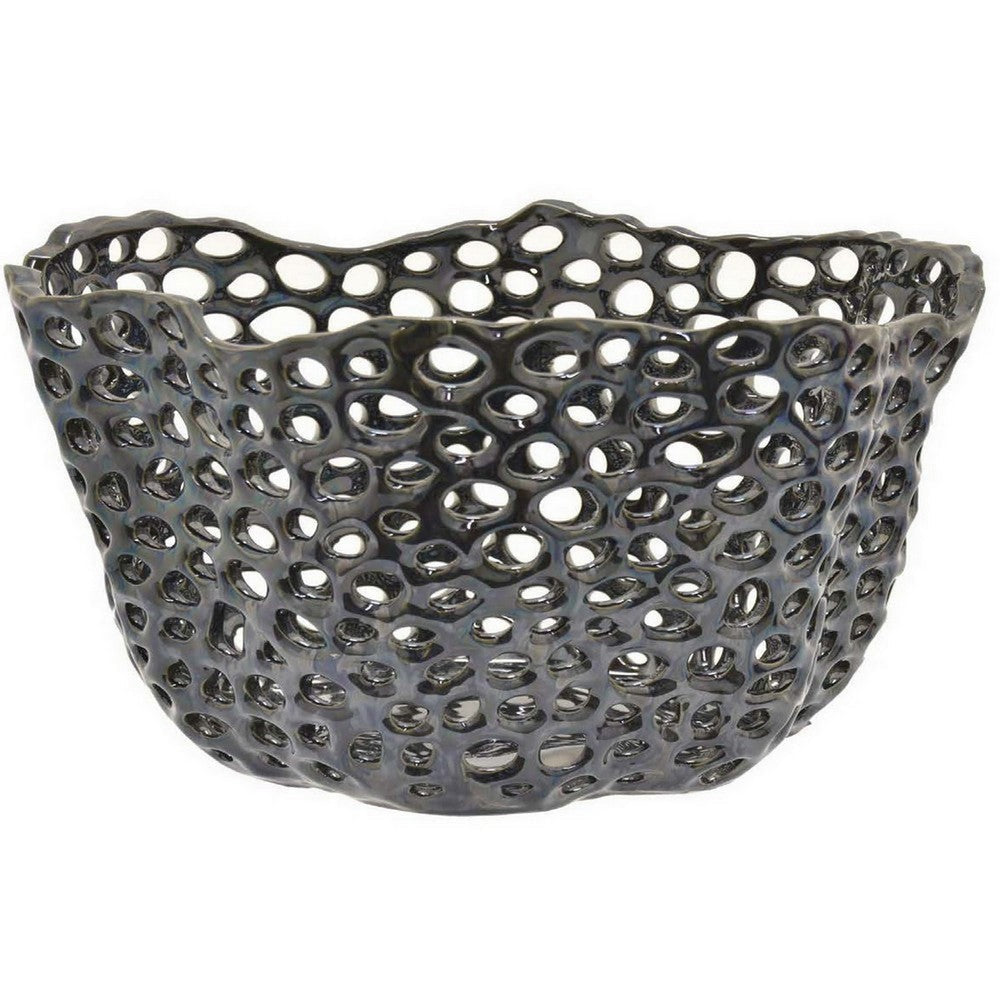 Hina 14 Inch Decorative Bowl Mesh Design Wavy Edges Ceramic Blue Finish By Casagear Home