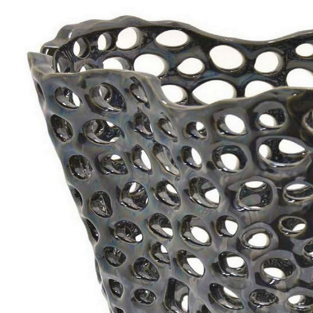 Hina 14 Inch Decorative Bowl Mesh Design Wavy Edges Ceramic Blue Finish By Casagear Home