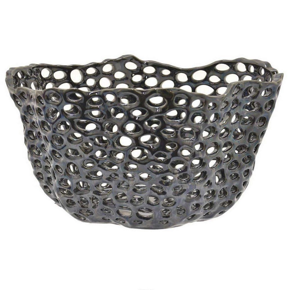 Hina 14 Inch Decorative Bowl Mesh Design Wavy Edges Ceramic Blue Finish By Casagear Home