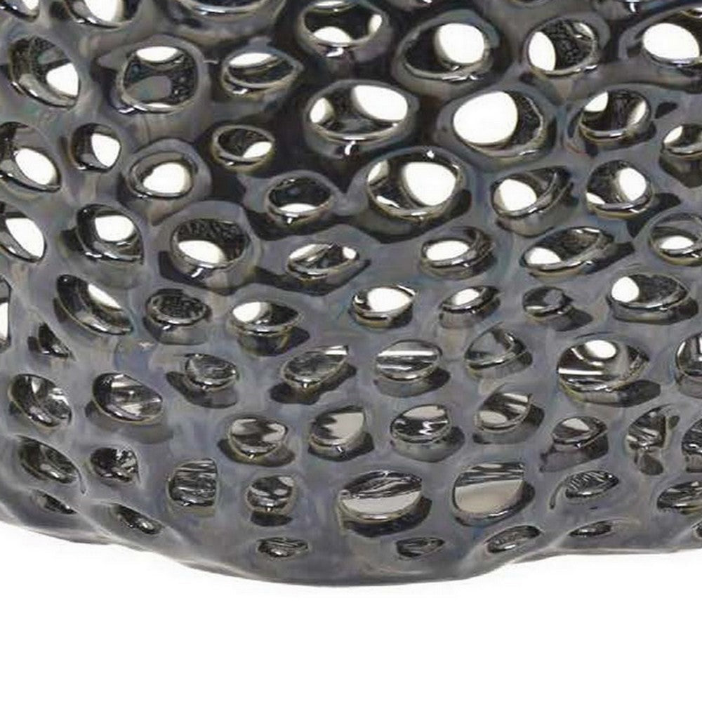 Hina 14 Inch Decorative Bowl Mesh Design Wavy Edges Ceramic Blue Finish By Casagear Home
