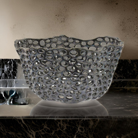 Hina 14 Inch Decorative Bowl, Mesh Design, Wavy Edges, Ceramic Blue Finish By Casagear Home