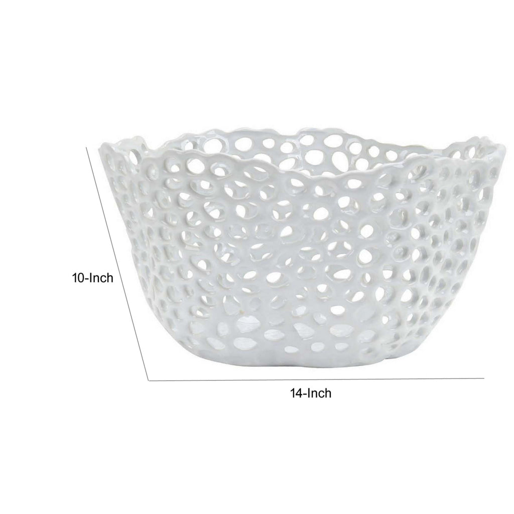 Hina 14 Inch Decorative Bowl Mesh Design Wavy Edges Ceramic White Finish By Casagear Home BM312699