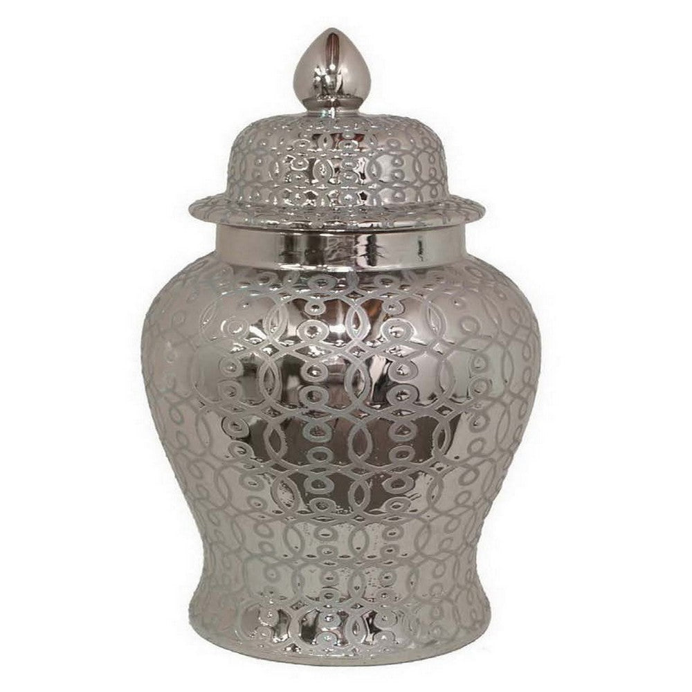 25 Inch Temple Jar Ceramic Construction Removable Lid Silver Finish By Casagear Home BM312702