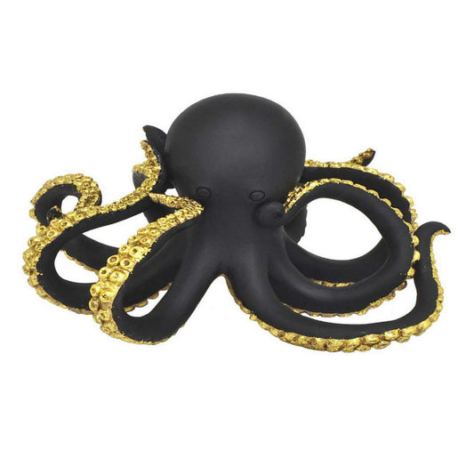 10 Inch Ocean Octopus Animal Figurine Decor, Black, Gold Finish, Resin By Casagear Home