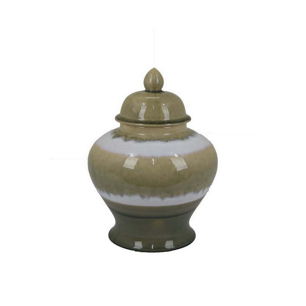 15 Inch Temple Jar with Lid Ceramic Home Decor Earth Toned Brown White By Casagear Home BM312719