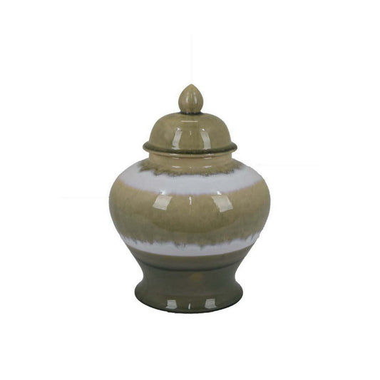15 Inch Temple Jar with Lid, Ceramic Home Decor, Earth Toned Brown, White By Casagear Home