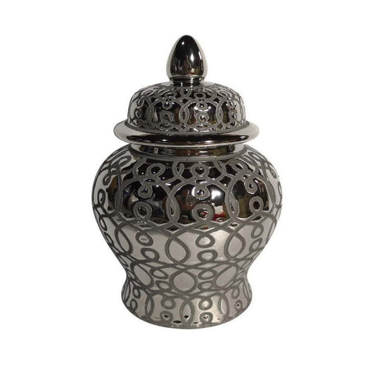 Deni 12 Inch Temple Jar with Lid, Decorative Floral Ceramic, Silver Finish By Casagear Home