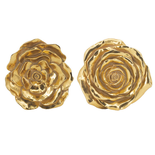 Dazzle 7, 8 Inch Rose Wall Accent, 3 Dimensional, Set of 2, Gold Resin By Casagear Home