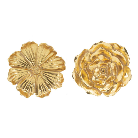 Dazzle 11, 12 Inch Floral Hanging Wall Accent Set of 2, 3 Dimensional, Gold By Casagear Home