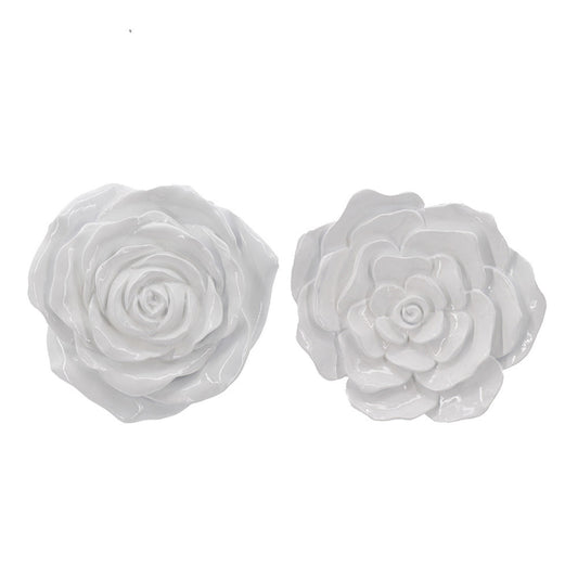 Dazzle 7, 8 Inch Rose Hanging Wall Accent Set of 2, White Resin 3 Dimensional By Casagear Home