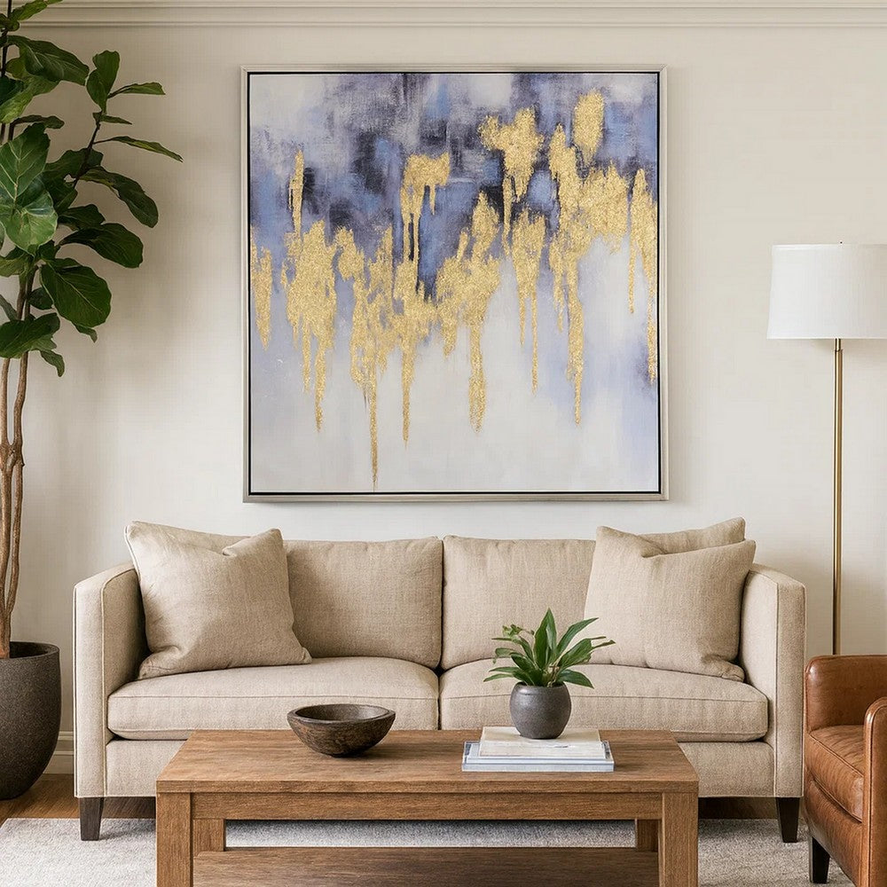 39 x 39 Framed Oil Painting, Gold Flakes, Square Polyester Canvas, Abstract By Casagear Home