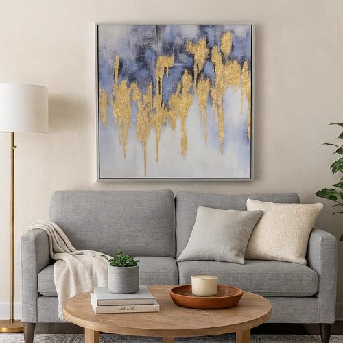 39 x 39 Framed Oil Painting, Gold Flakes, Square Polyester Canvas, Abstract By Casagear Home