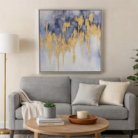 39 x 39 Framed Oil Painting, Gold Flakes, Square Polyester Canvas, Abstract By Casagear Home