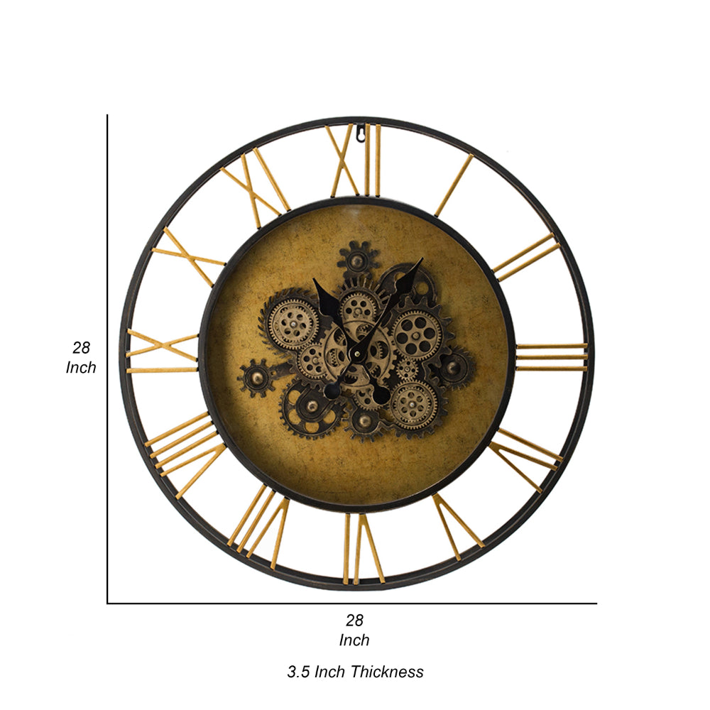 28 Inch Hanging Wall Clock, Round Gear Design, Gold and Black Iron Frame By Casagear Home