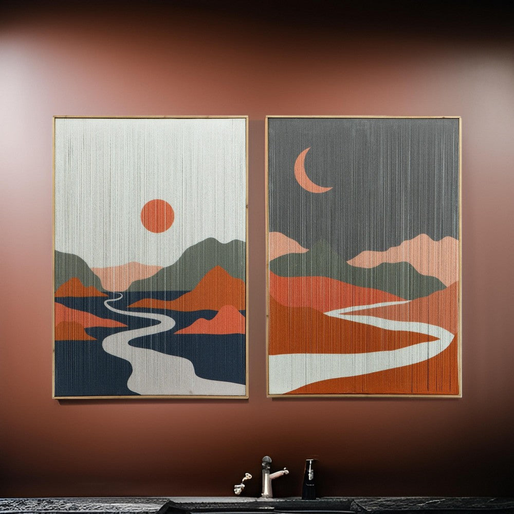 27 x 38 Wall Art Set of 2, Day and Night Design, Fir Wood, Orange, Gray By Casagear Home