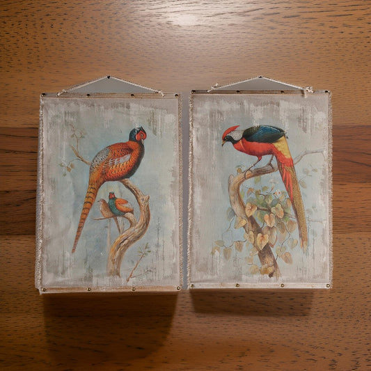 30 x 43 Hanging Wall Art Set of 2, Colorful Birds, Linen, Orange, Blue By Casagear Home