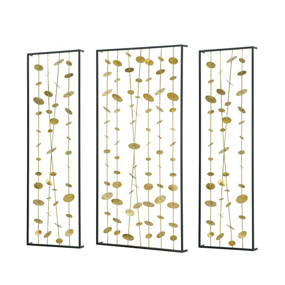 Metal Decorative Wall Art Set of 3 Strings Design Gold and Black Iron By Casagear Home BM312745