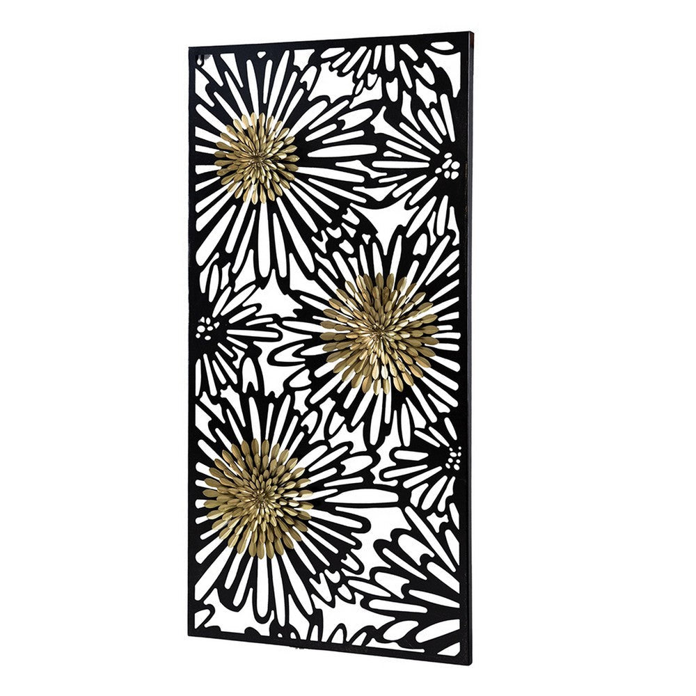 39 Inch Wall Art Decor Rectangular Flower Bloom Design Black Gold Iron By Casagear Home BM312746