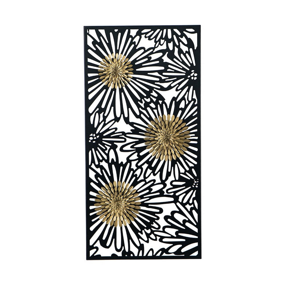 39 Inch Wall Art Decor Rectangular Flower Bloom Design Black Gold Iron By Casagear Home BM312746