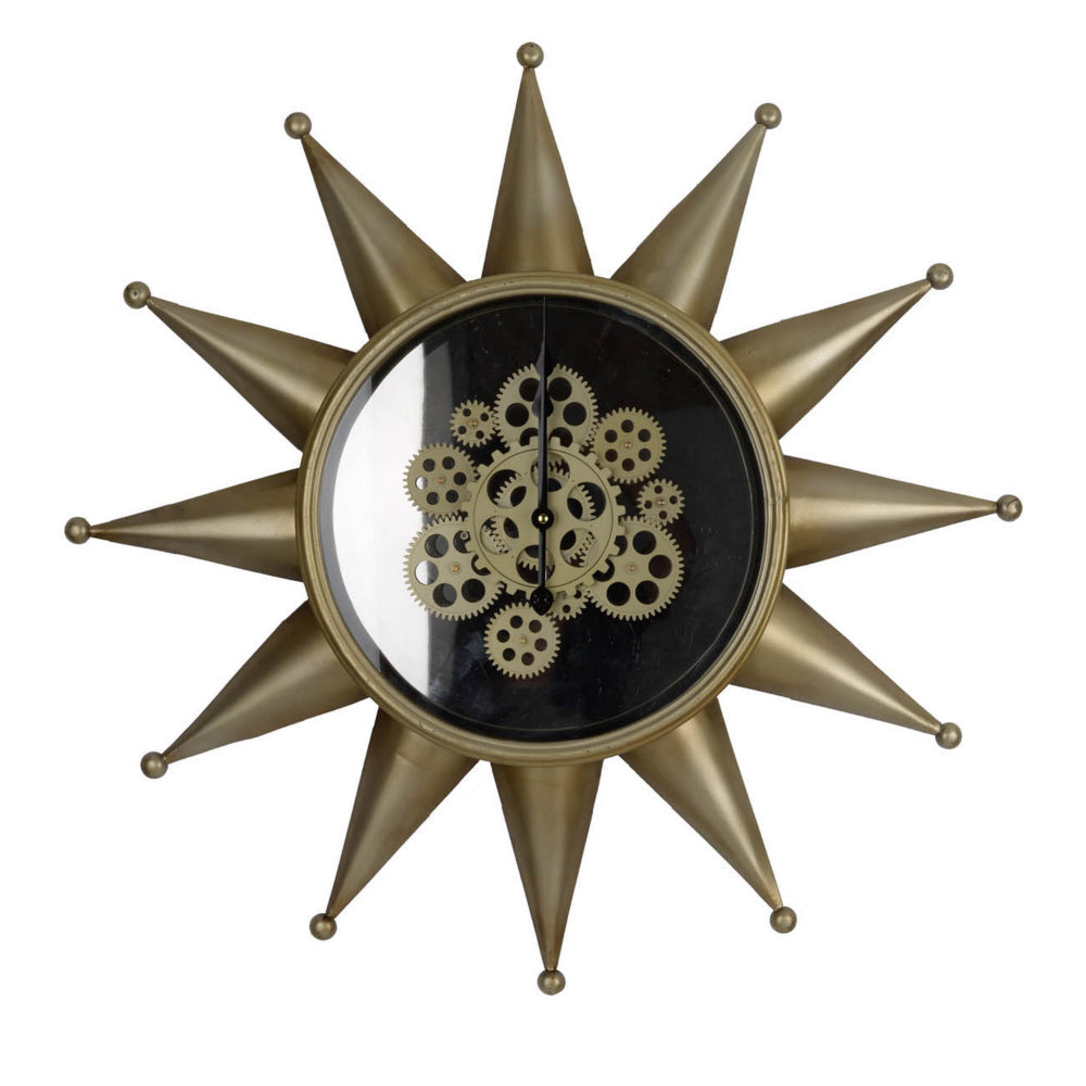 28 Inch Hanging Wall Clock, Sunlike Star Gear Design, Iron, Gold and Black By Casagear Home