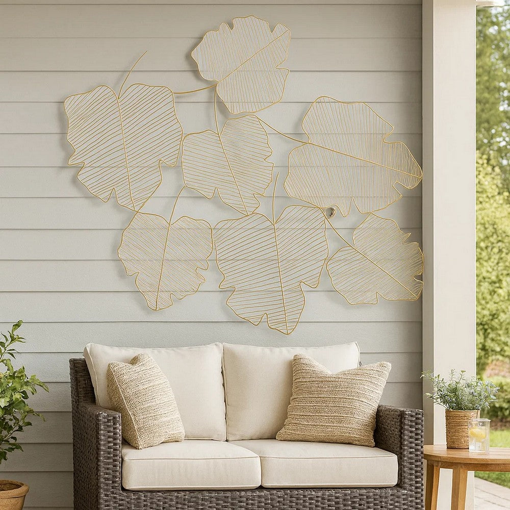 49 Inch Decorative Wall Art, Attached Leaves Design, Iron, White and Gold By Casagear Home