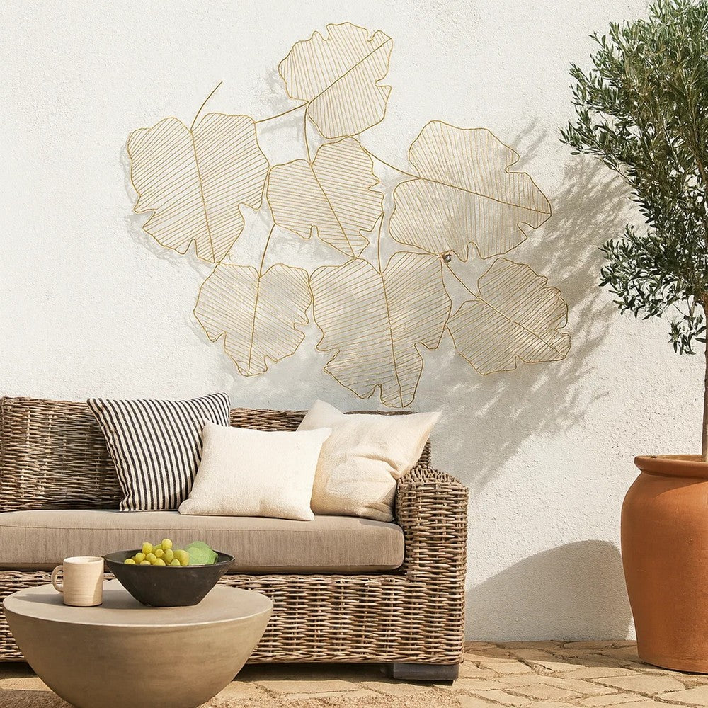 49 Inch Decorative Wall Art, Attached Leaves Design, Iron, White and Gold By Casagear Home