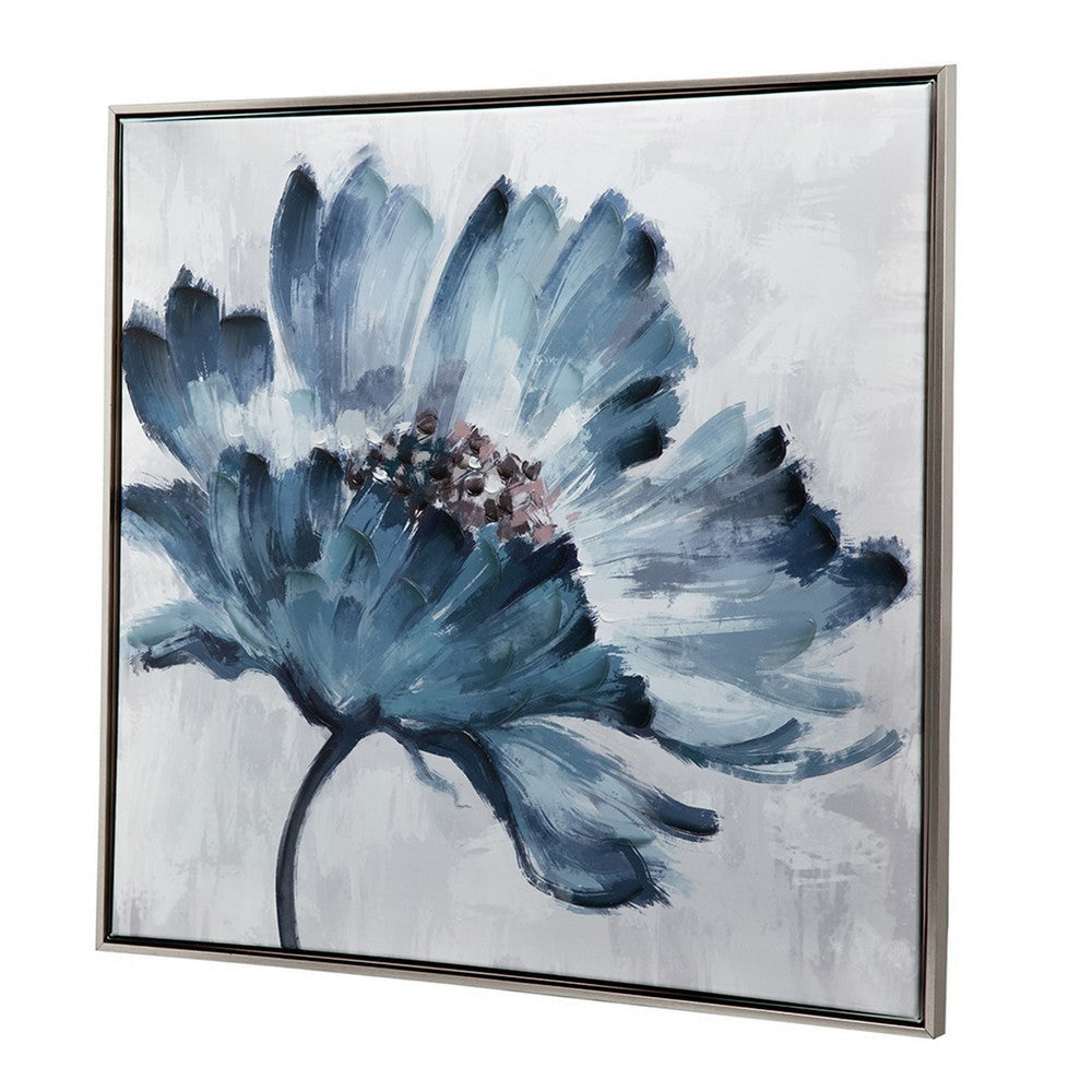 30 x 30 Embellished Handpainted Floral Canvas Wall Art Blue and White By Casagear Home BM312749