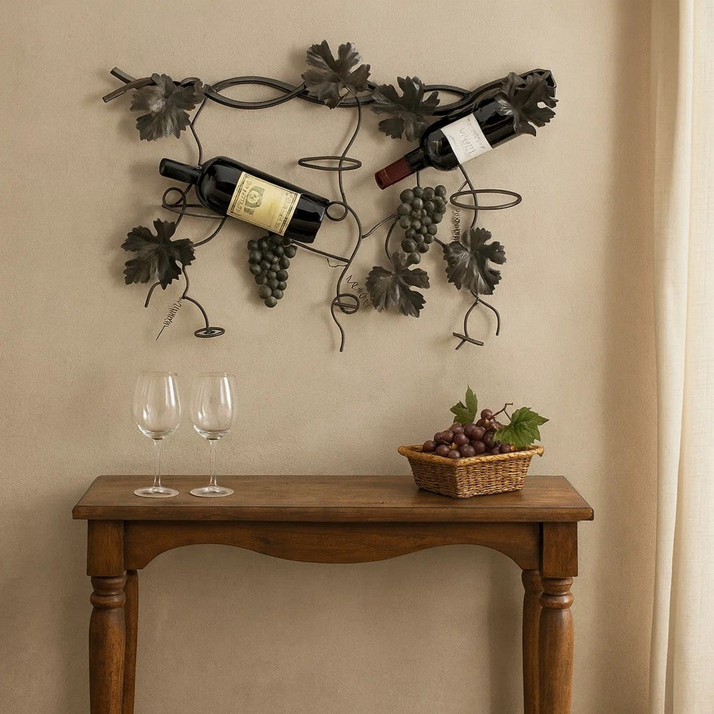 22 Inch Wall Hanging Wine Rack, Grape Bottle Stand, Black Metal By Casagear Home