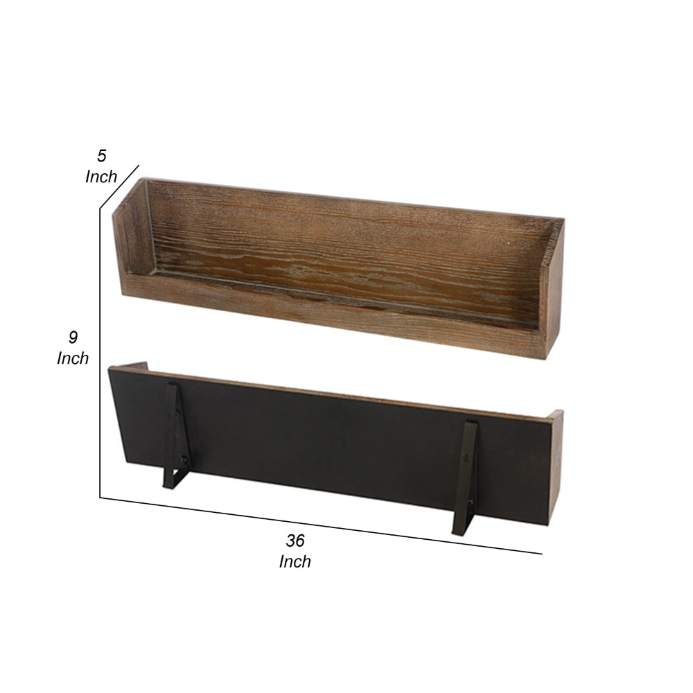 36 Inch Wine Rack Display Shelf Set of 2, Rectangular, Brown Wood, Black By Casagear Home