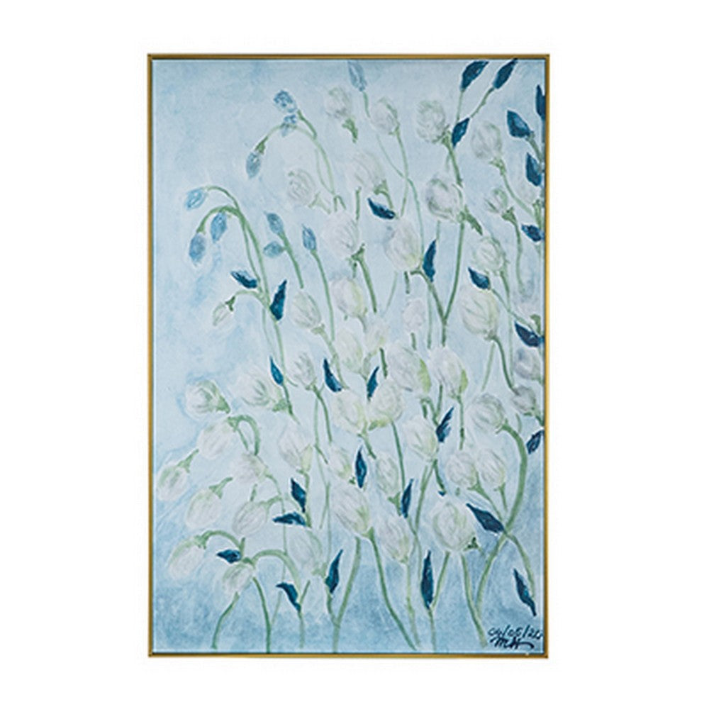 32 x 47 Inch Botanical Wall Art Decor Blue White Floral Framed Canvas By Casagear Home BM312770