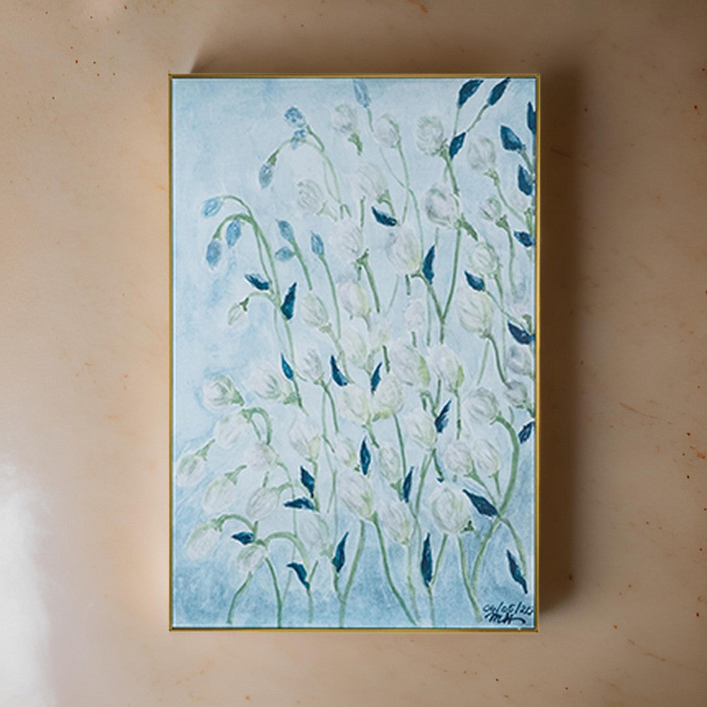 32 x 47 Inch Botanical Wall Art Decor, Blue White Floral Framed Canvas By Casagear Home