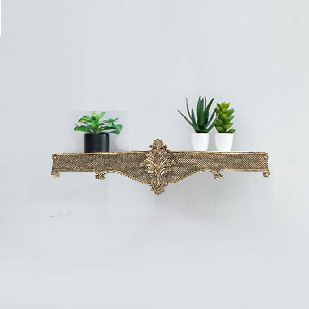 Riry 23 Inch Wall Plaque Shelf, Dotted Texture, Metal, Gold Resin Finish By Casagear Home